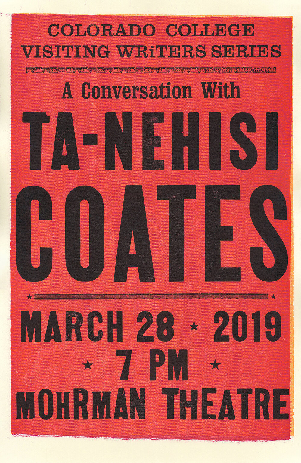 red letterpress printed poster advertising an event with writer ta-nehisi coates