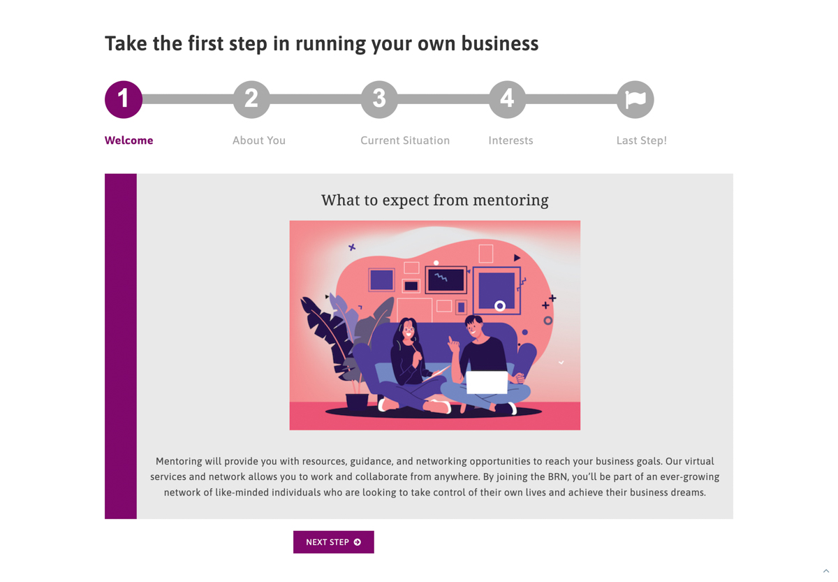 BRN sign up form first step describing what to expect from mentoring