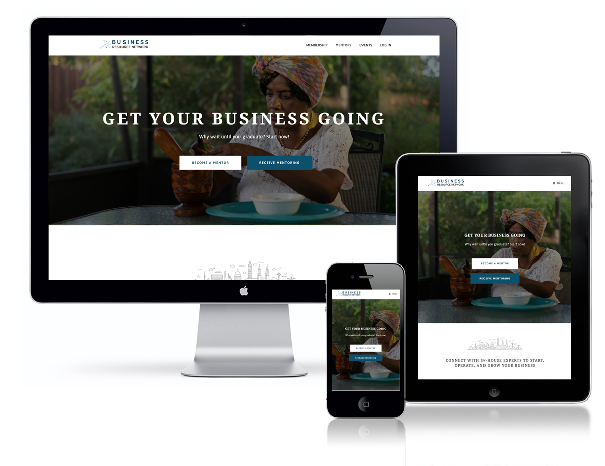 business resource network web homepage mockup on tablet, desktop, and mobile