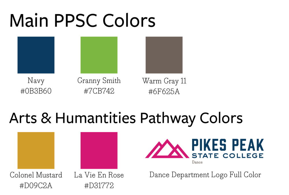 Pikes Peak State College brand colors, the arts and humanities pathway colors, dance department full color logo