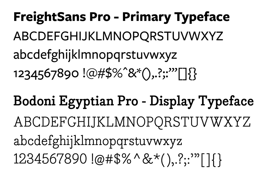 pikes peak state college typography - FreightSans Pro (primary typeface) and Bodoni Egyptian Pro (display/secondary typeface)
